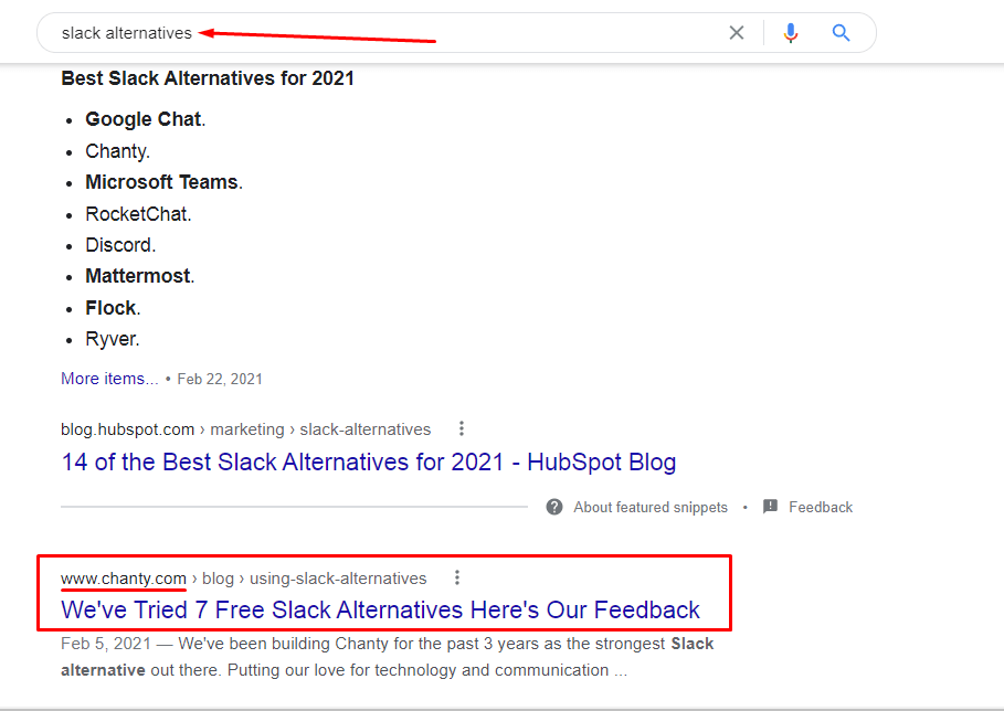 Slack alternatives Google search