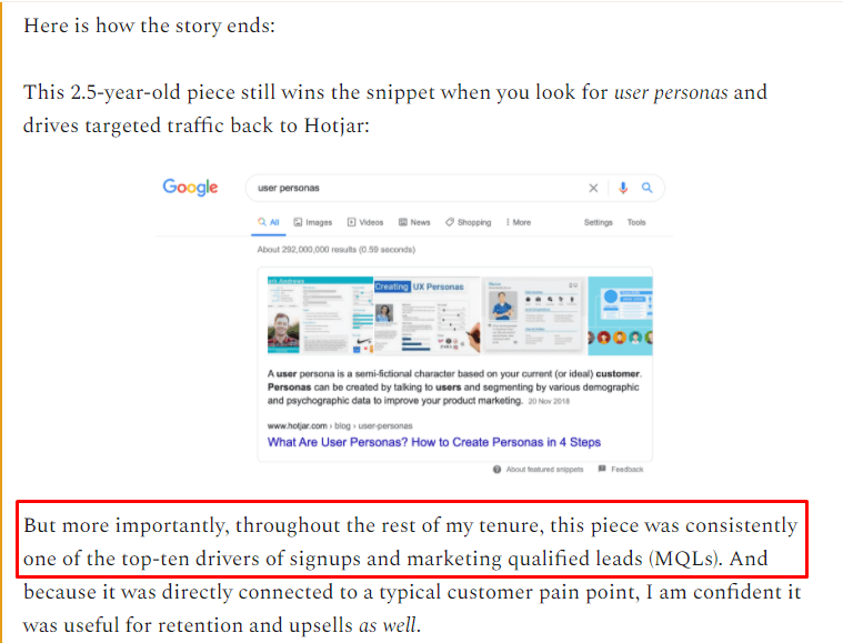 Hotjar results from product-led content
