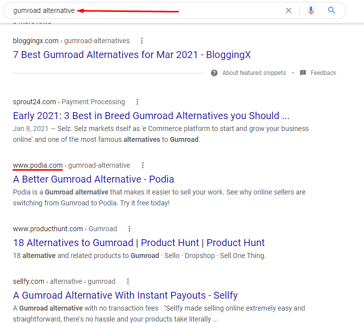 Gumroad alternative Google search