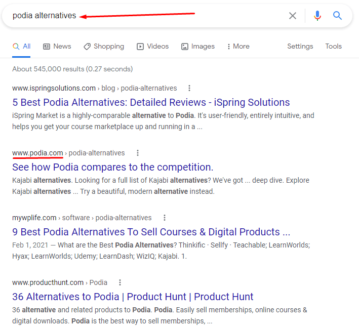 Podia alternatives Google search