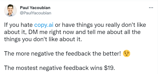 Paul asking for negative feedback about Copy AI