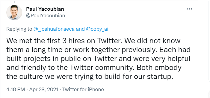 Copy AI meeting the first 3 hires on Twitter