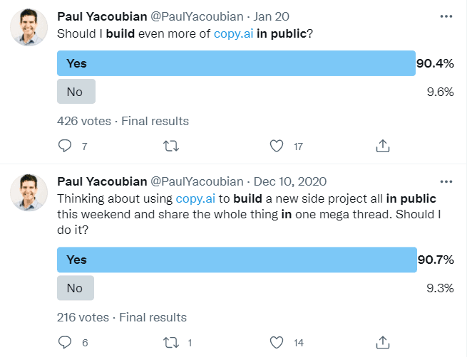Copy AI's Paul running polls on Twitter