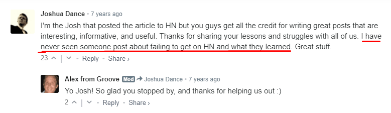 Groove reader commenting about their Hacker news post