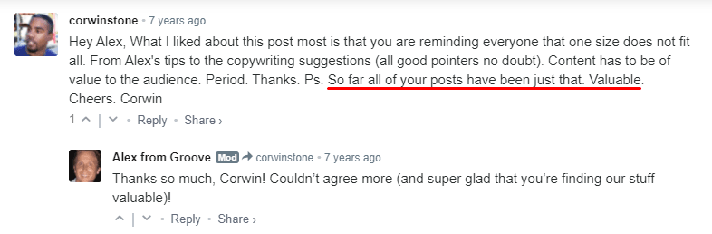 Groove reader commenting about how valuable their Hacker news post is