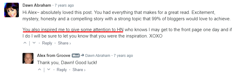 Groove reader comments about how they were inspired with Hacker news post