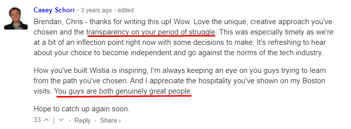 Readers commenting on Wistia’s post