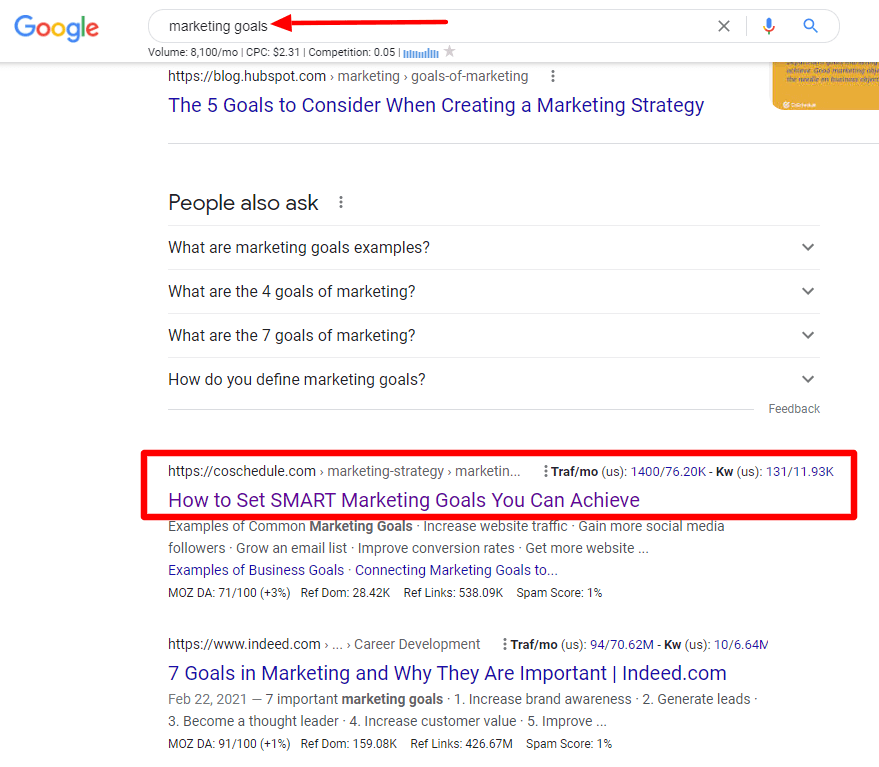 Coschedule marketing-goals-Google-Search