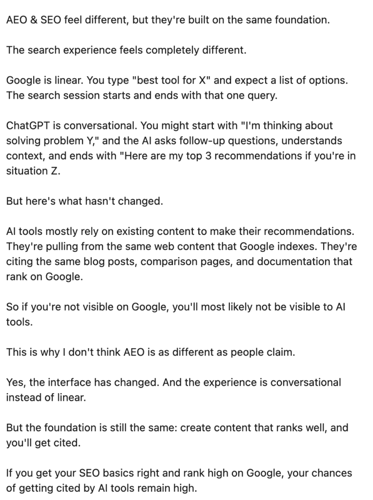 Linkedin post screenshot on AEO and SEO