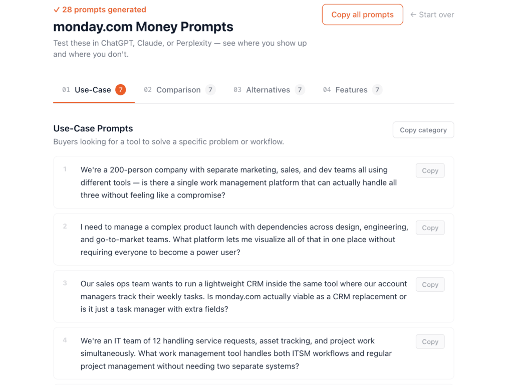 Interface Display of Use-case prompts for Monday.com: