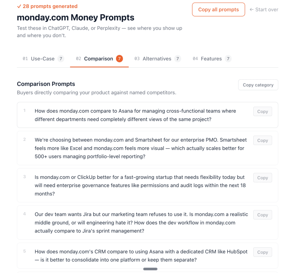 Interface Display of Comparison prompts for Monday.com: