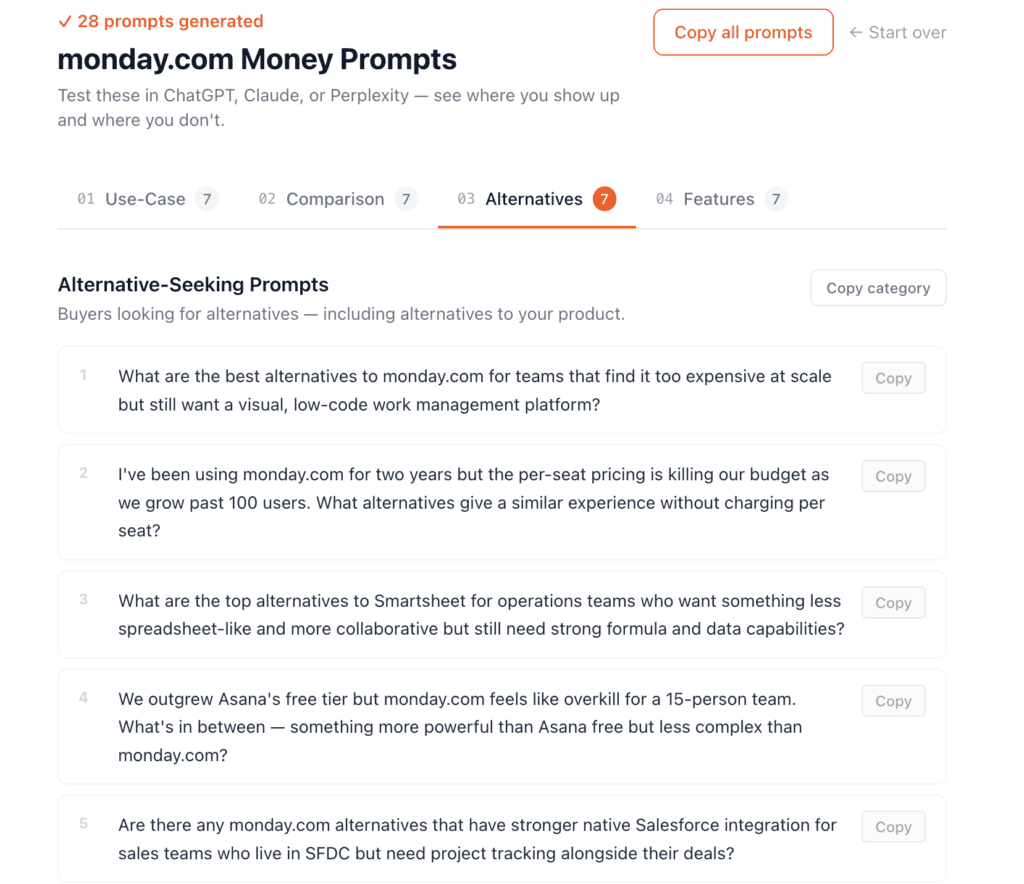 Interface Displaying Alternative-seeking prompts Monday.com:
